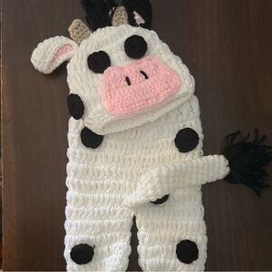 Handmade White & Pink Cow Knit Hat and pant Set for infant